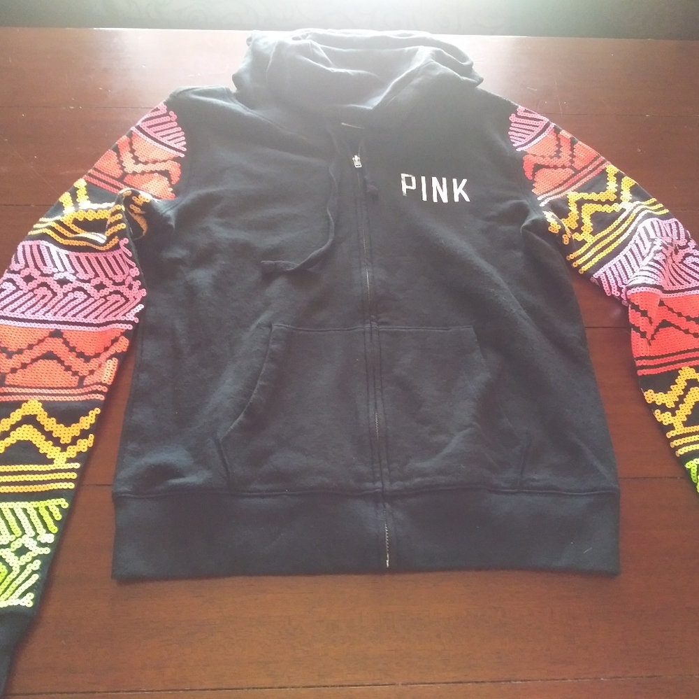Victoria's Secret PINK Black Zip Hoodie Neon Sequin Sleeve Size Medium